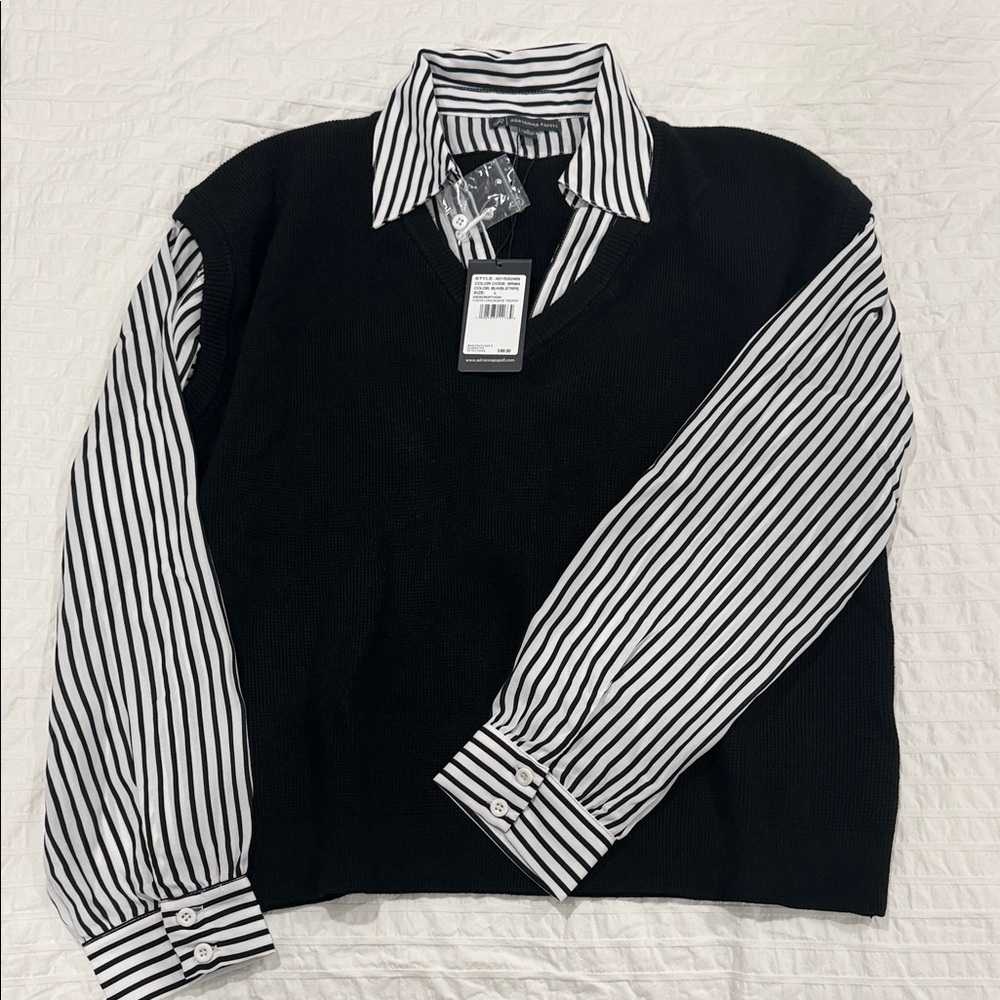 Adrianna Papell Black Knit Vest with Black & White Striped Shirt Layered Top